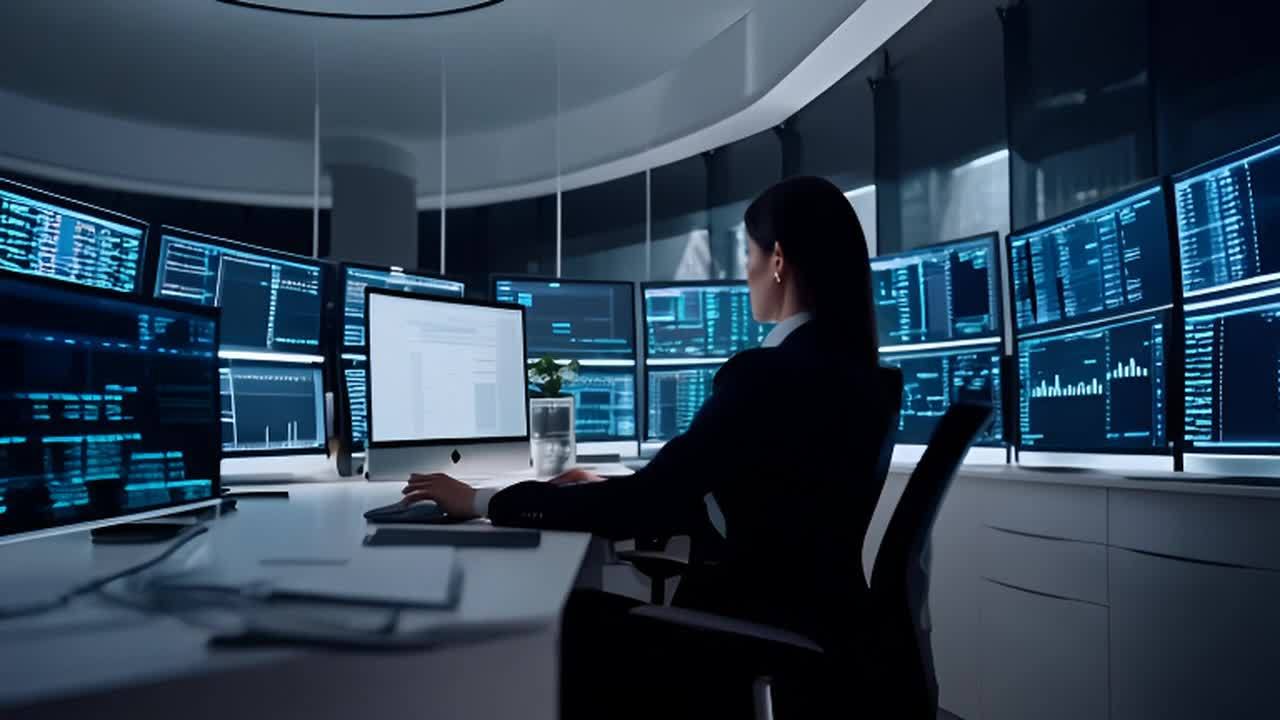 一个现代办公室内部，设计简洁。一位身穿职业套装的女