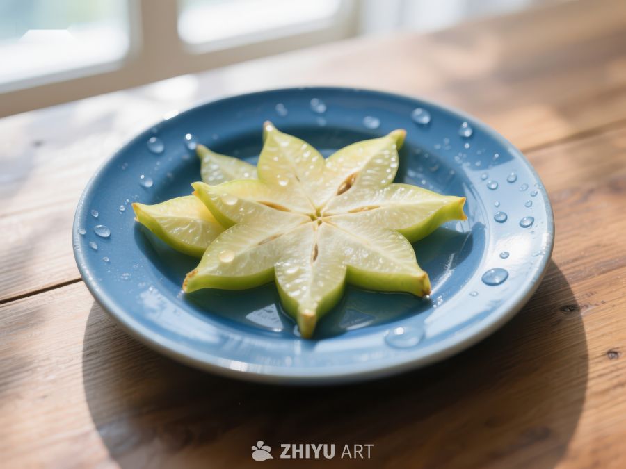 切片杨桃置于蓝色盘中 427