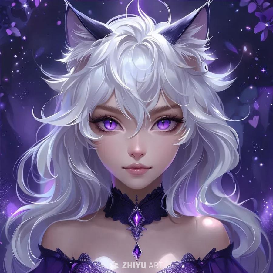 画面中心是一个猫娘，她长着尖尖的猫耳朵，还有一条猫