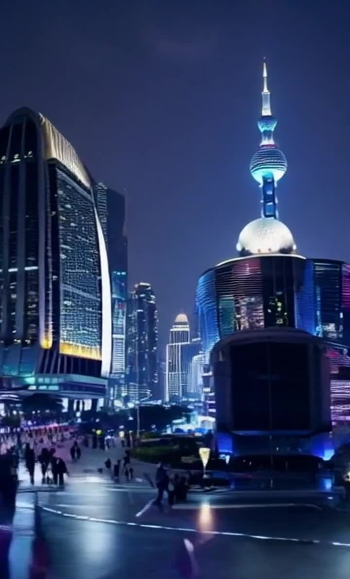 赛博朋克风格的上海陆家嘴夜景，画面中心矗立着高耸的