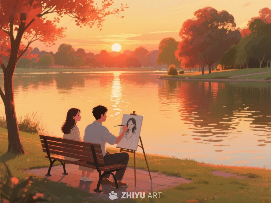 湖畔夕阳下，画家为伴侣画像 310