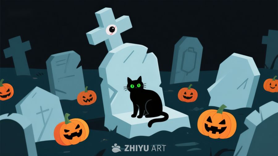 万圣节墓地中的黑猫与南瓜灯