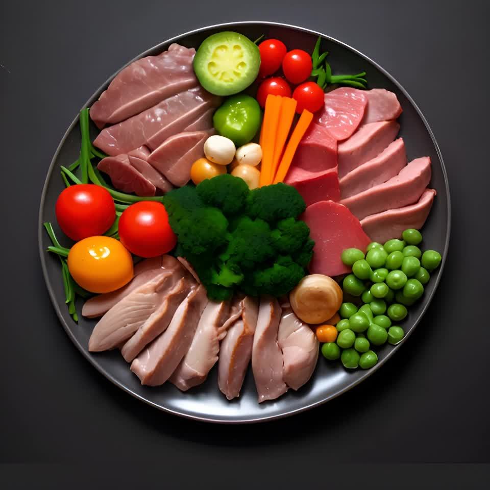 一个灰色盘子上摆放着切好的肉片，有深红色、粉色和浅