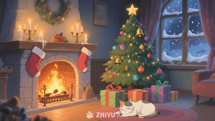 温馨圣诞夜，猫咪静眠于树下 312