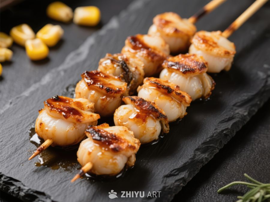 烤虾串配玉米粒