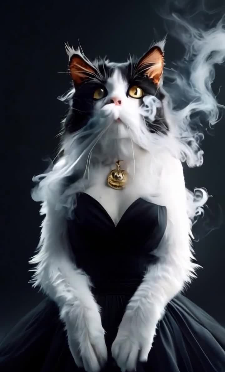着黑裙的猫：华丽黑白猫，神秘眼神，烟雾缭绕。