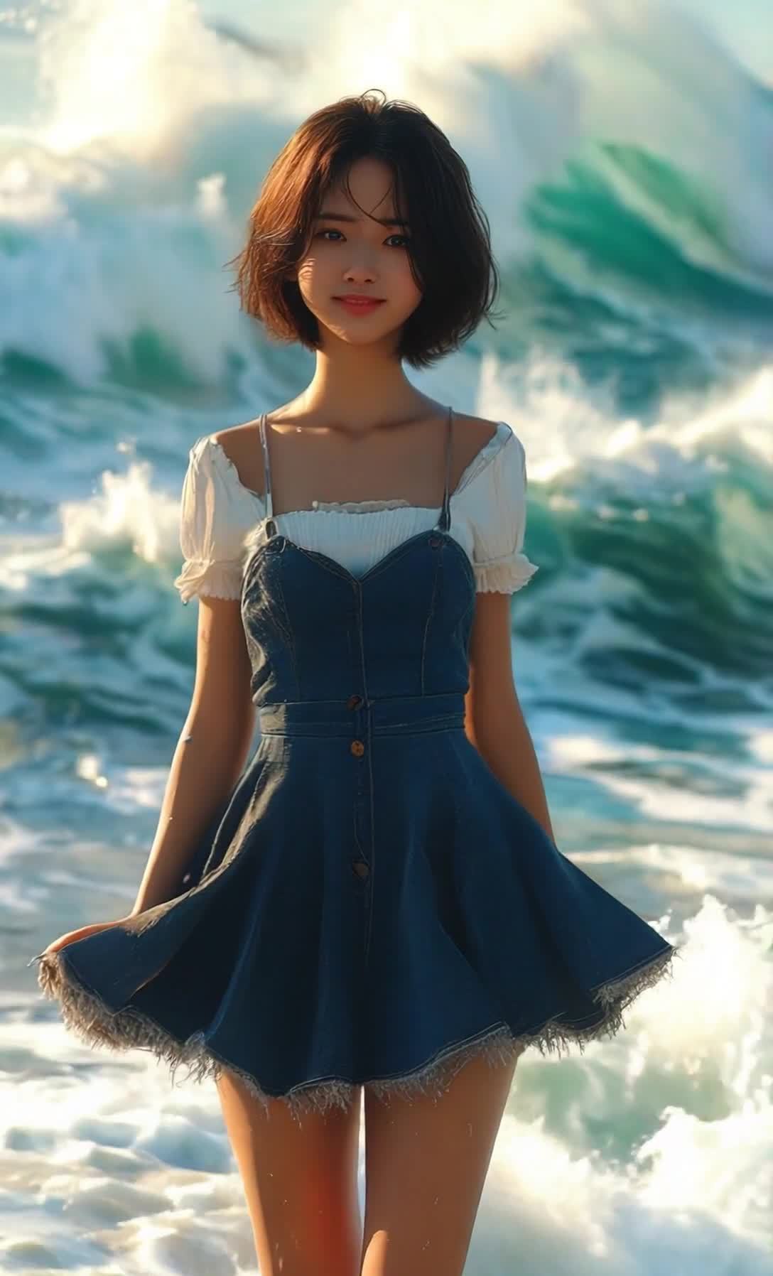 海边短发女孩牛仔裙与海浪共舞