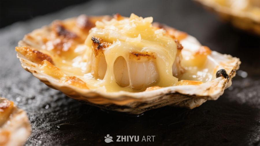 烤扇贝配芝士，美味海鲜佳肴