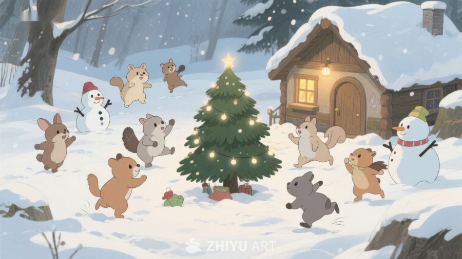 雪地里的动物们围着圣诞树 327