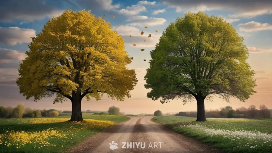 一棵树在秋天落叶，随后出现春天新叶发芽的场景。
