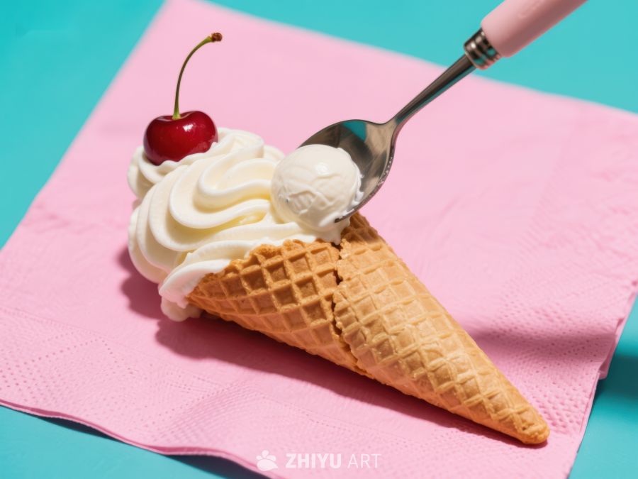 冰淇淋甜筒配樱桃，勺子舀取 26