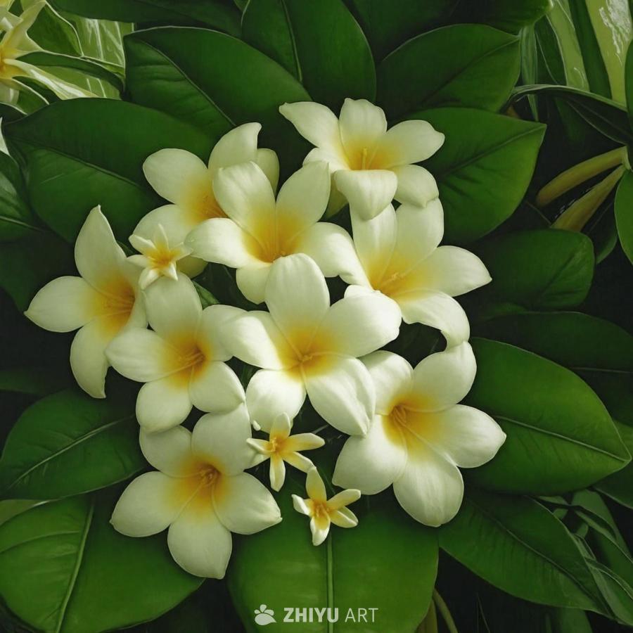 白色花朵与大片绿色叶子相互映衬，一些花朵完全绽放，