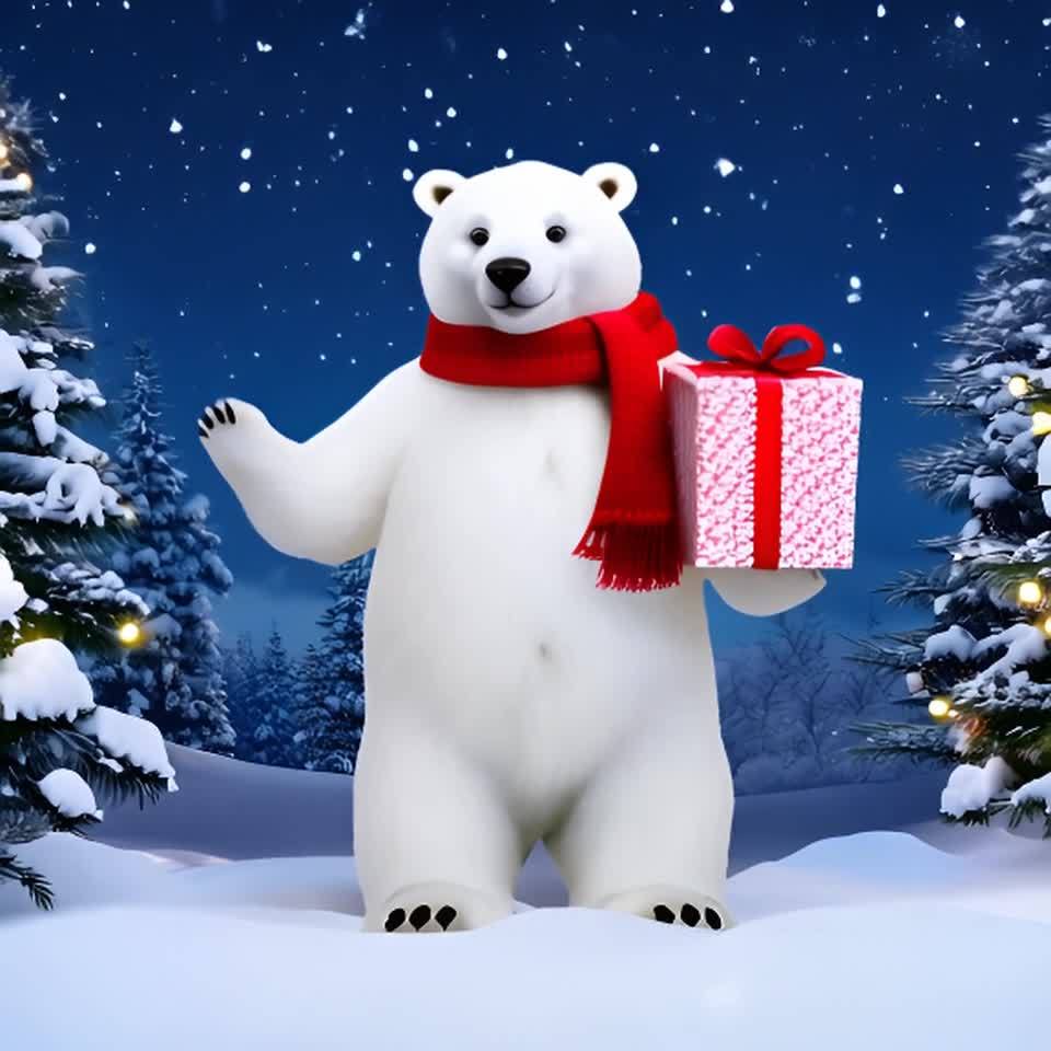一只白色的北极熊站在雪地里，它戴着红色的围巾，手里