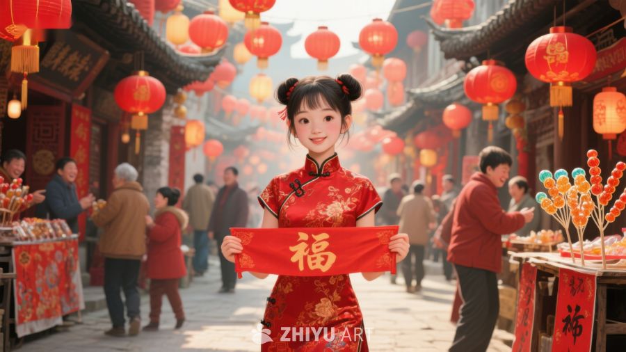 女子手持福字，街头灯笼高挂迎新春 726