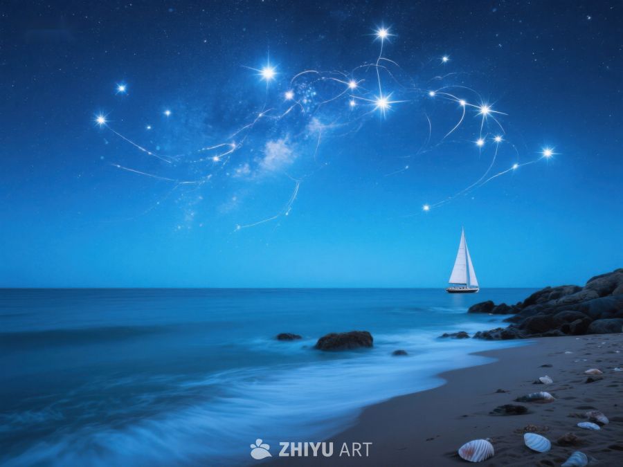 夜空星辰下的帆船与海滩 403