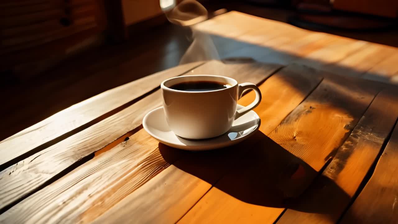 一杯黑咖啡放在一张质朴的木桌上，厨房里充满温暖的晨