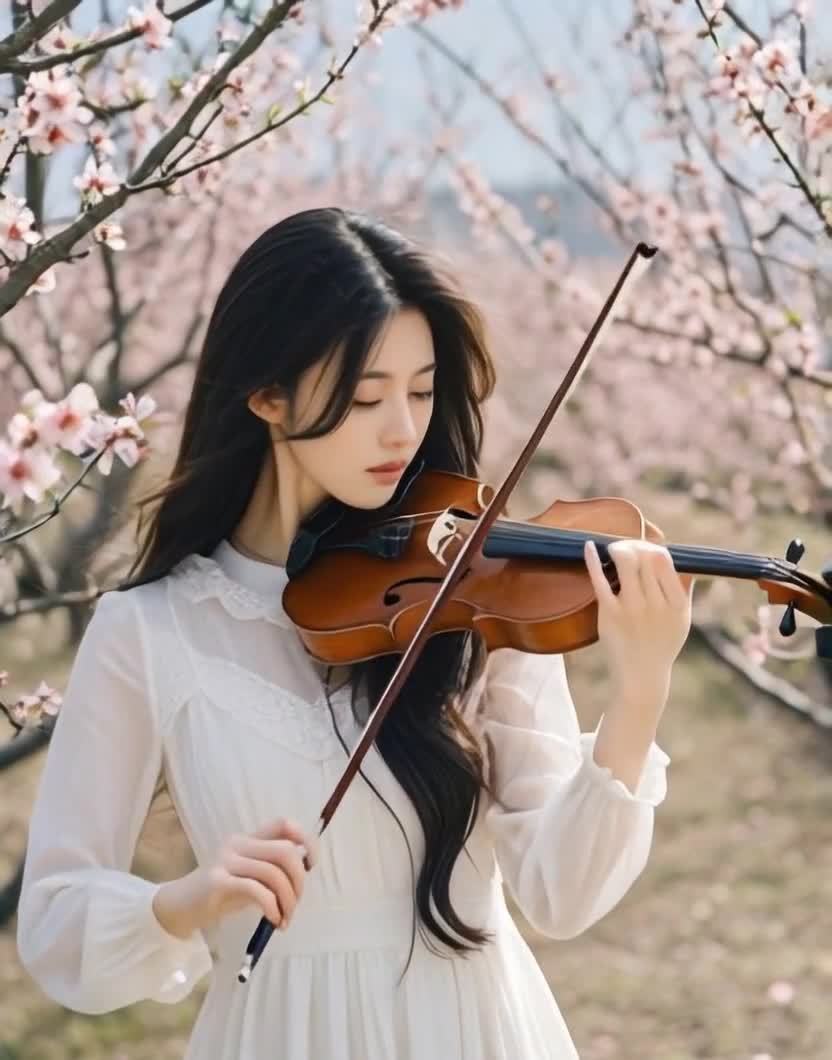 春天粉色花树下，女子着白裙拉小提琴
