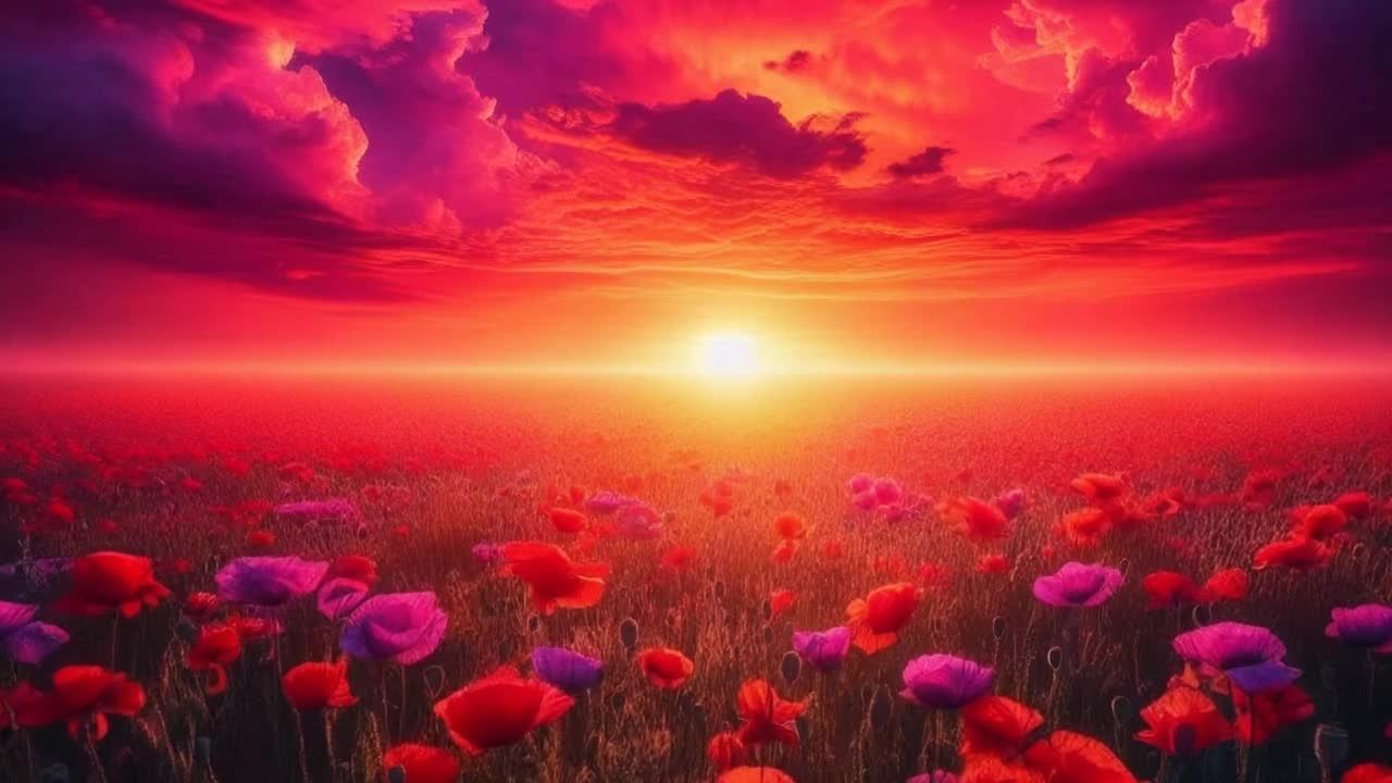 一片精致的花田在微风中轻轻摇曳，花朵的动作几乎难以