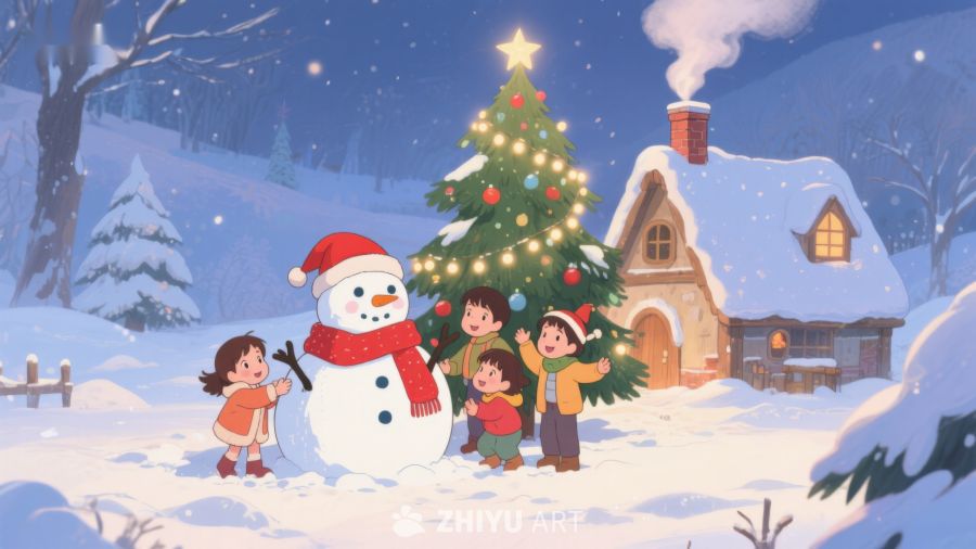 冬夜雪景中家庭欢聚圣诞树旁 123