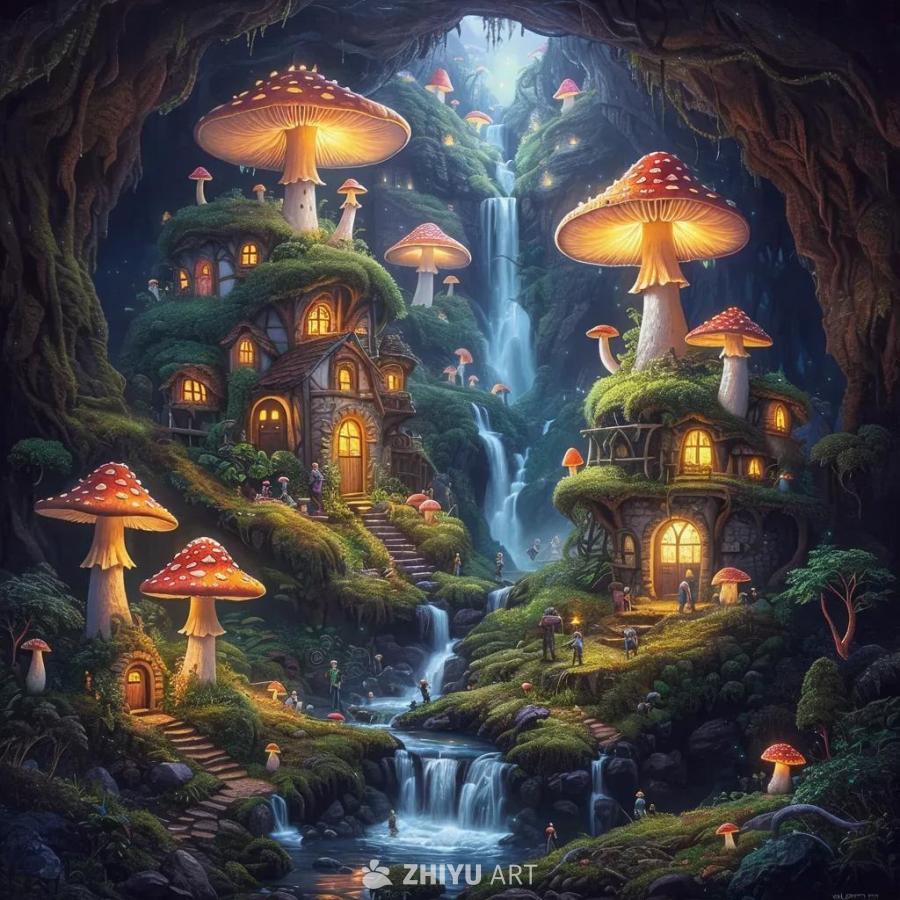 地下洞穴中，发光的人形蘑菇人居住在蘑菇村庄里，他们