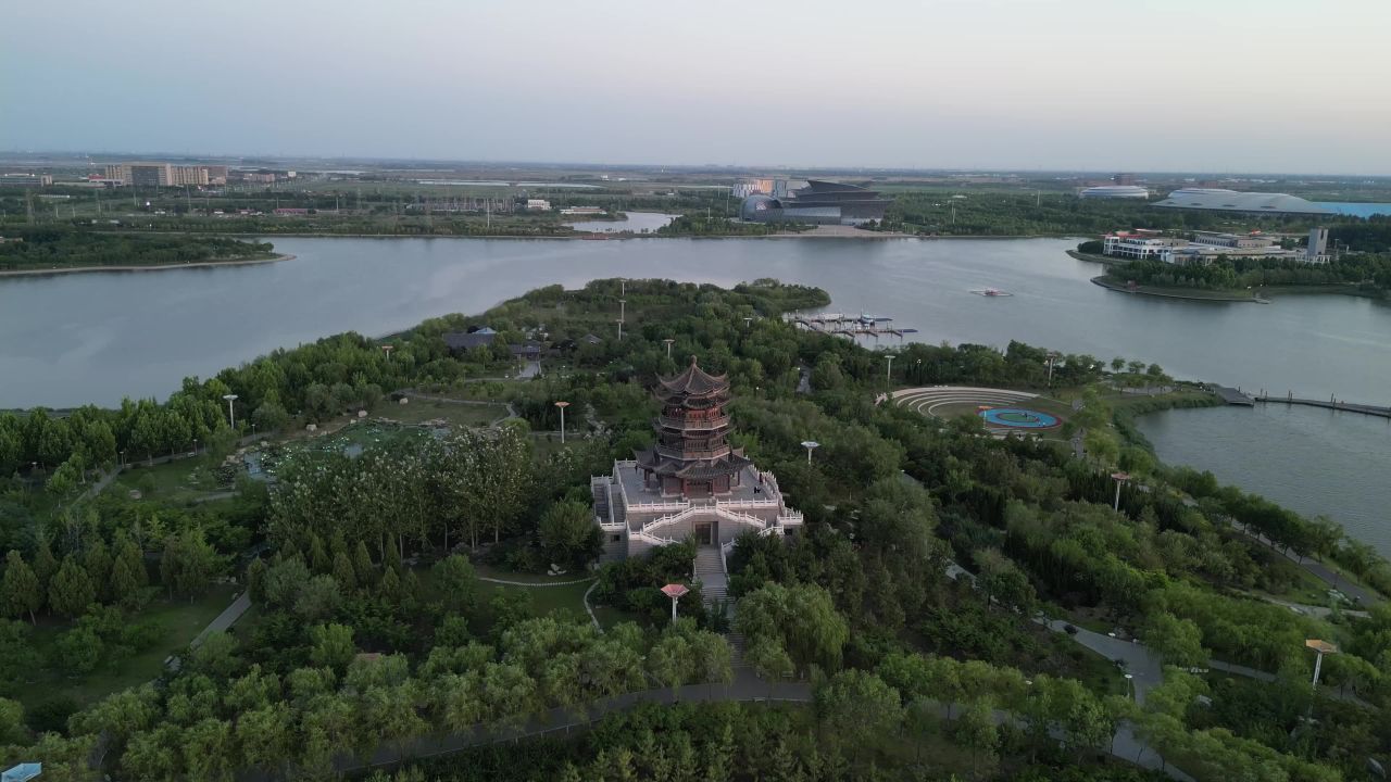  山东东营清风湖公园多宝塔航拍