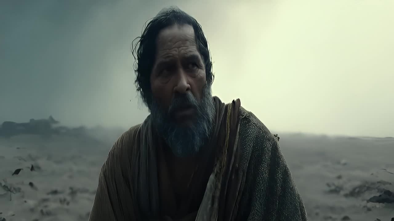 一个穿着破旧长袍的男人站在荒凉的土地上，他的脸上布
