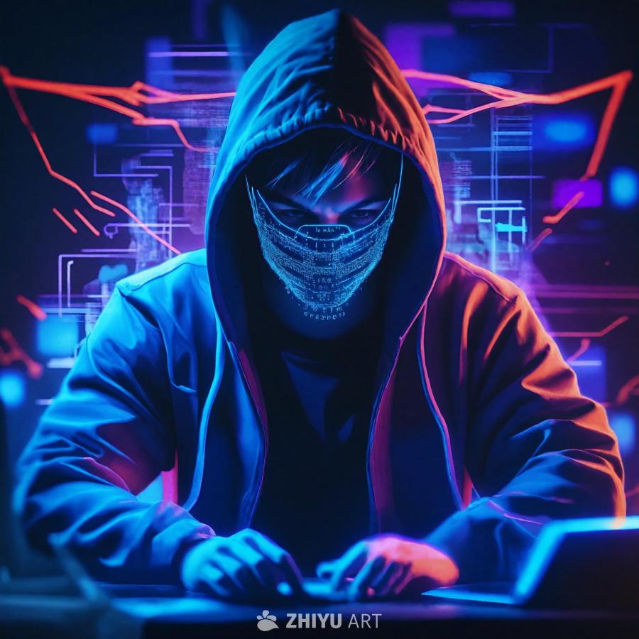 一个戴着兜帽的人正在电脑前工作，他面部佩戴着一个带