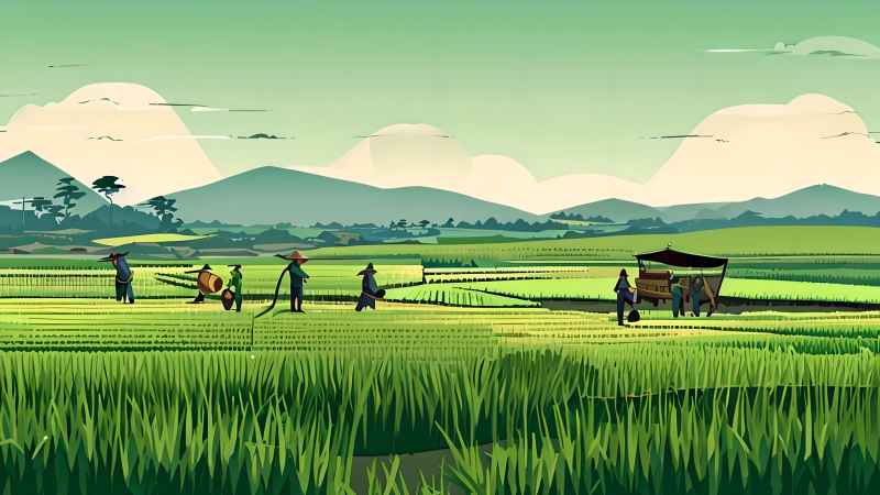 稻田和农作物中的农民绿色范例风格插画 8