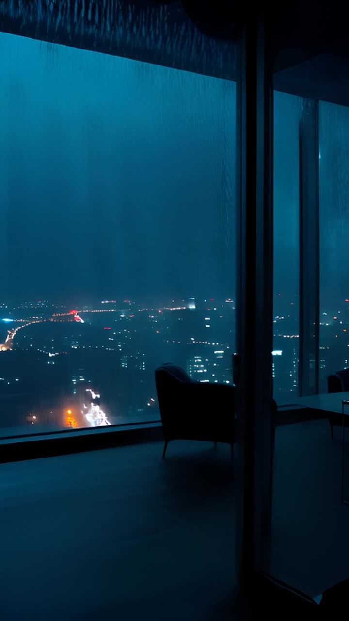 一个酒店顶层公寓的场景，夜晚，灯光昏暗。窗外下着雨