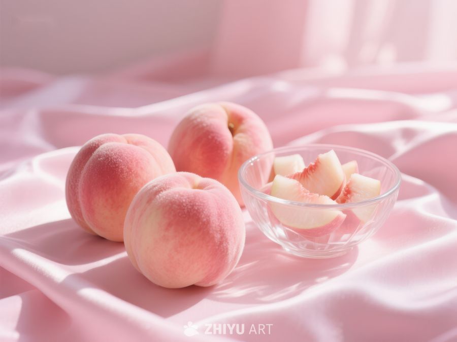 新鲜桃子与切片，粉色布景 637