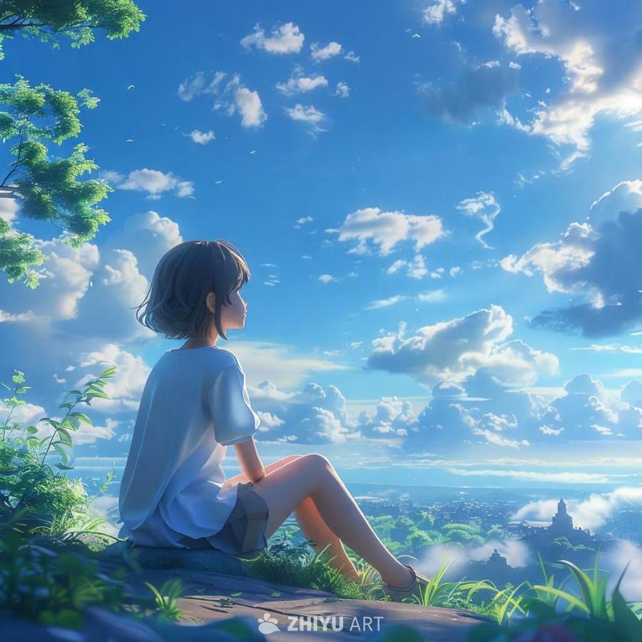 一个3D动漫人物坐在地上，抬头看着天空。天空是蓝色