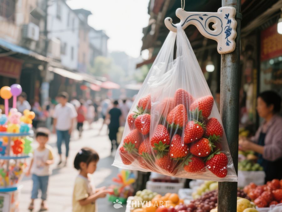 街头市场草莓袋挂售 321