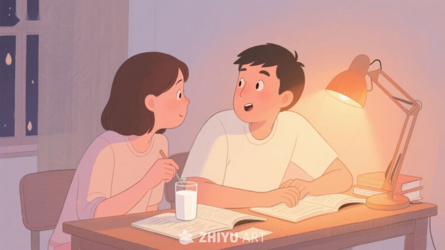 夜晚桌前的两人学习对话 611