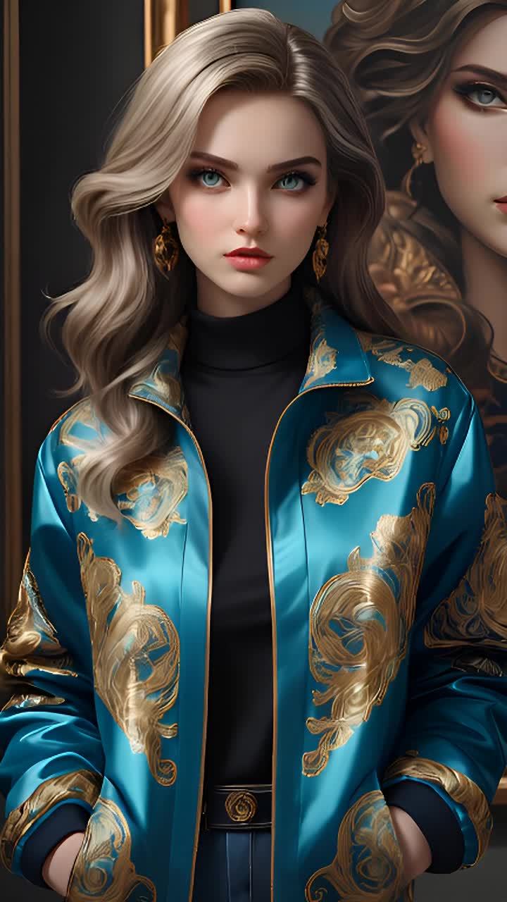 一位有着金色波浪长发的女性，身穿蓝色带有金色图案的