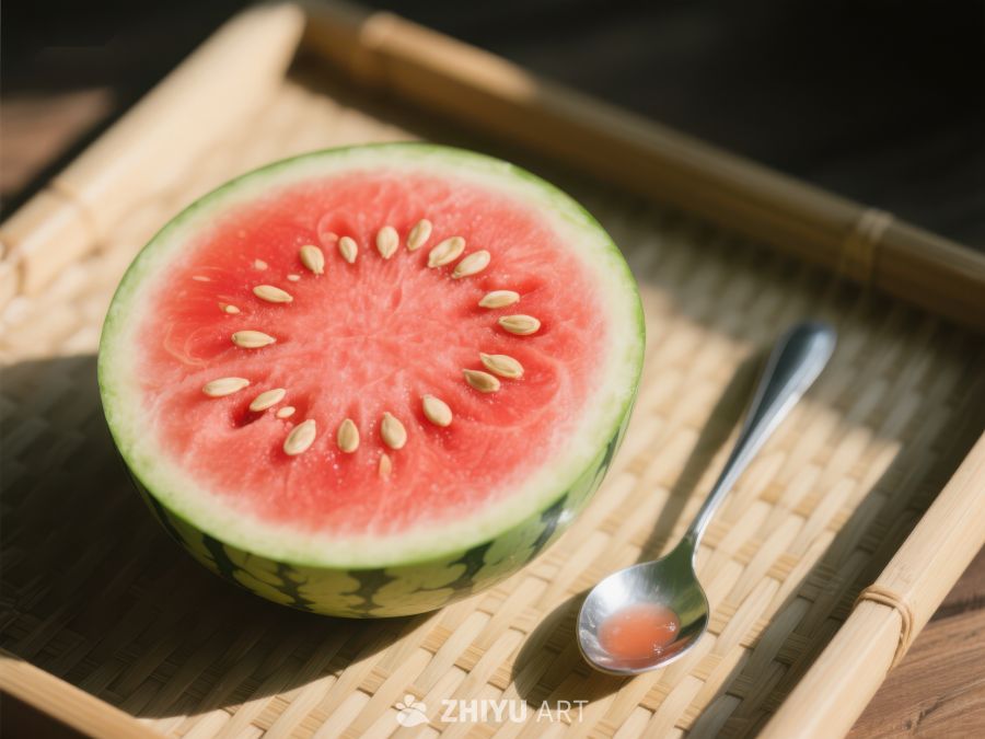 切开的西瓜与勺子置于竹托盘上 350