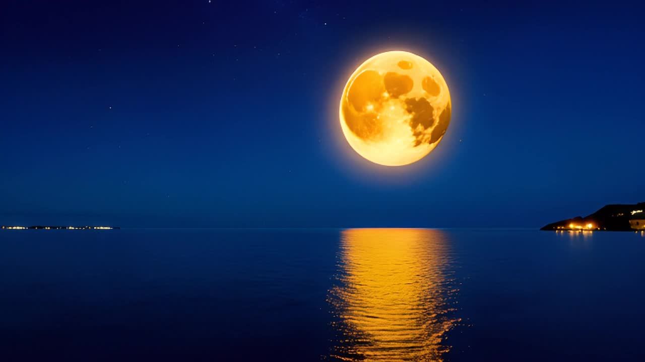 夜晚，一轮明亮的黄色满月悬挂在深蓝色的天空中，月亮