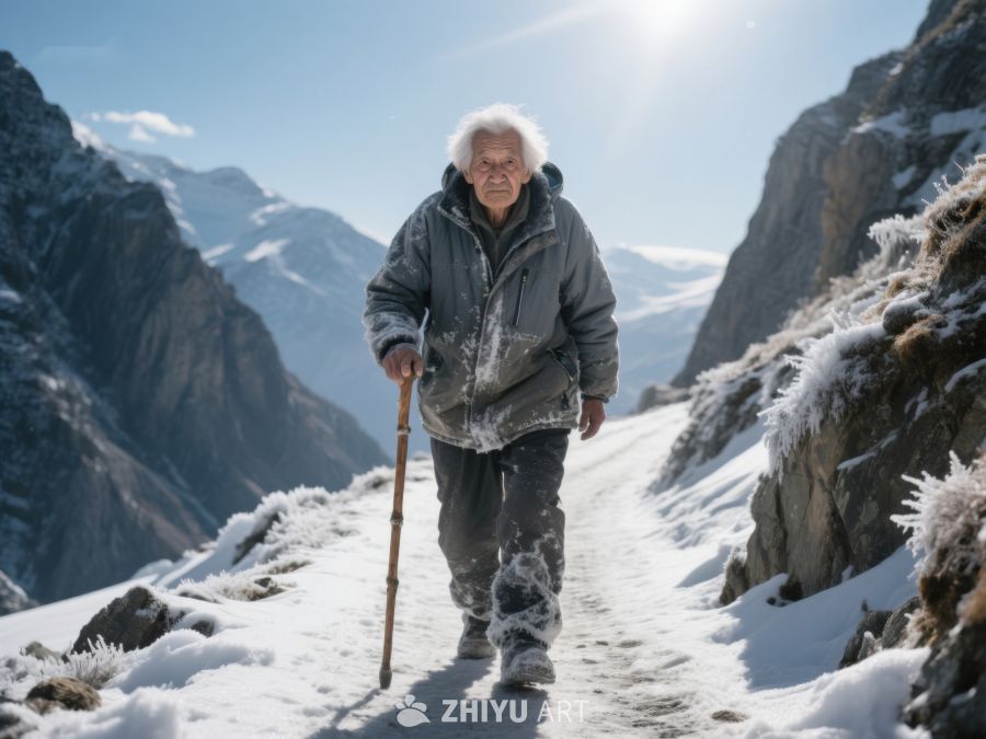 雪中老人拄杖前行 867
