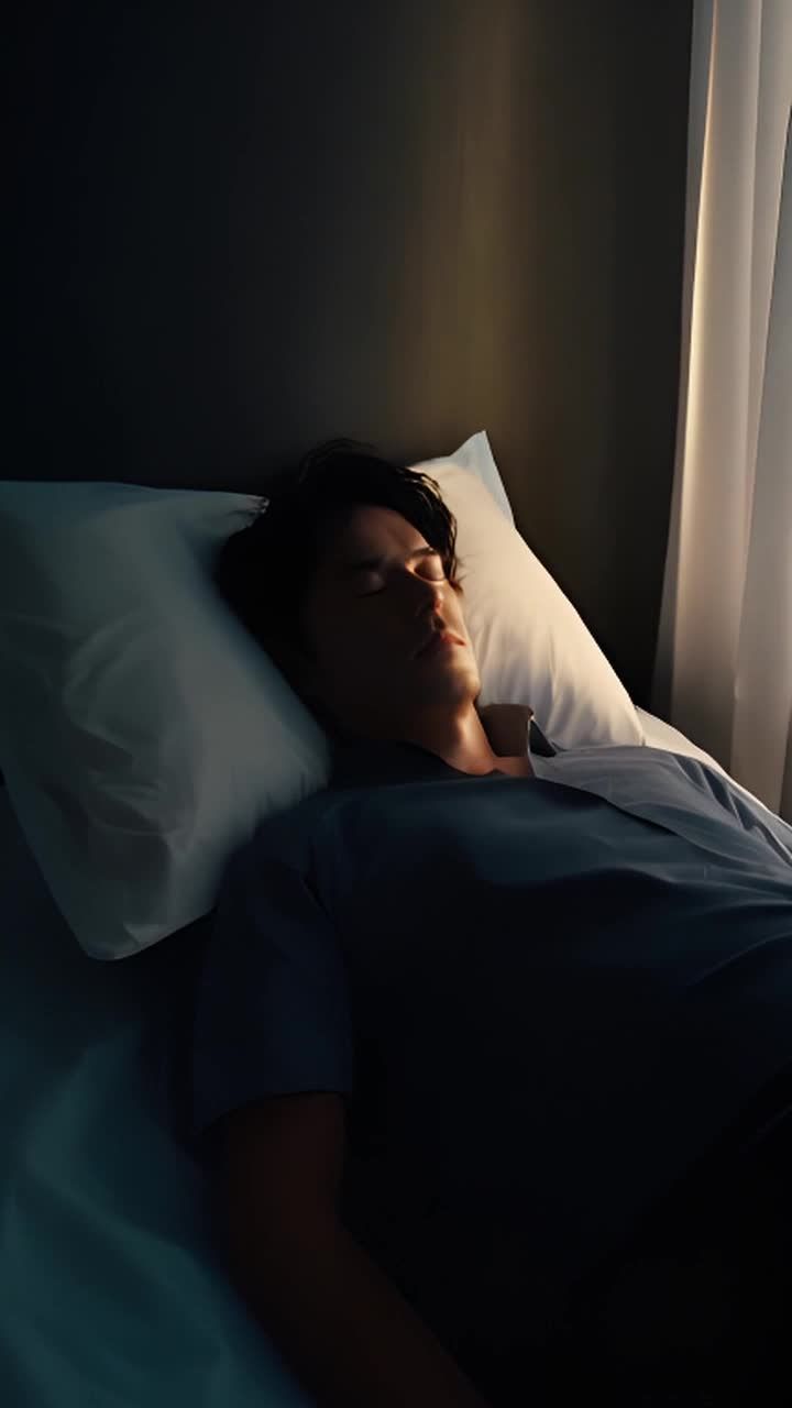 一个男性角色躺在床上，双眼闭着。他穿着一件深色的衬