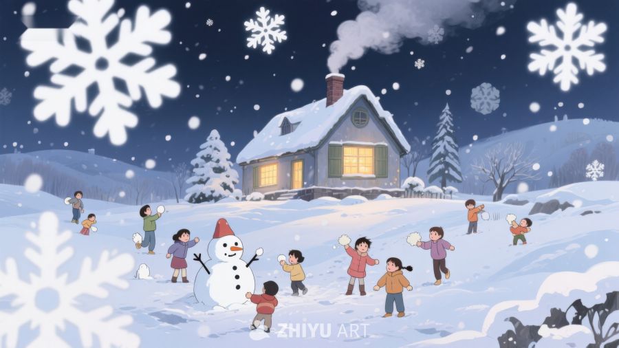 冬夜雪地儿童嬉戏 81