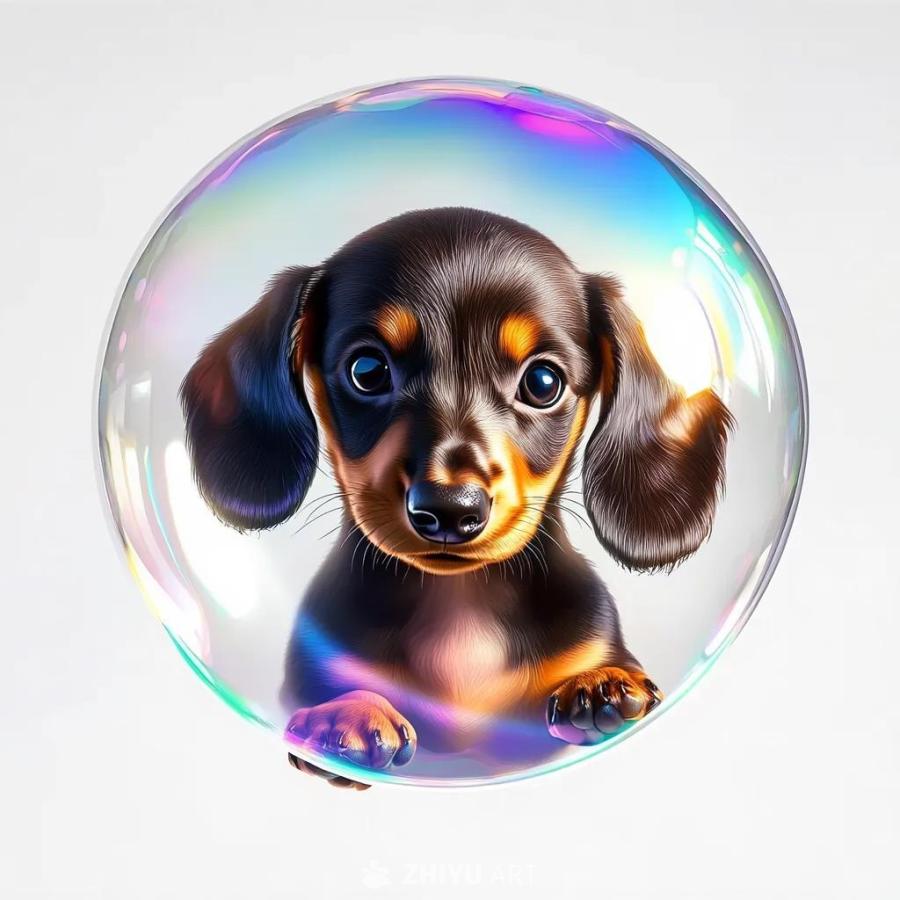 一只黑棕色的腊肠犬幼犬被包含在一个闪耀的肥皂泡中，