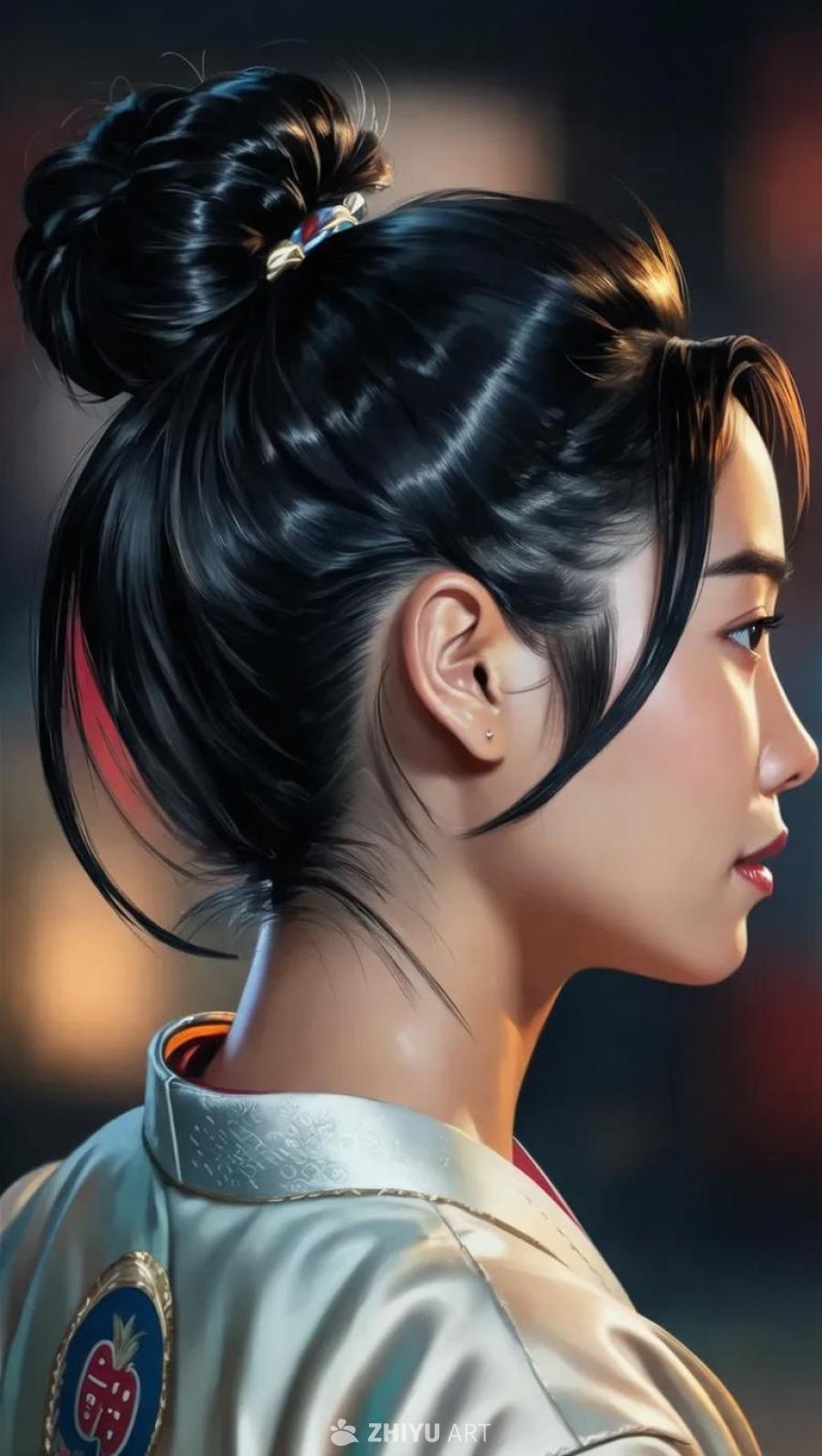 一个亚洲女性的特写镜头，她黑色的头发扎成了一个发髻