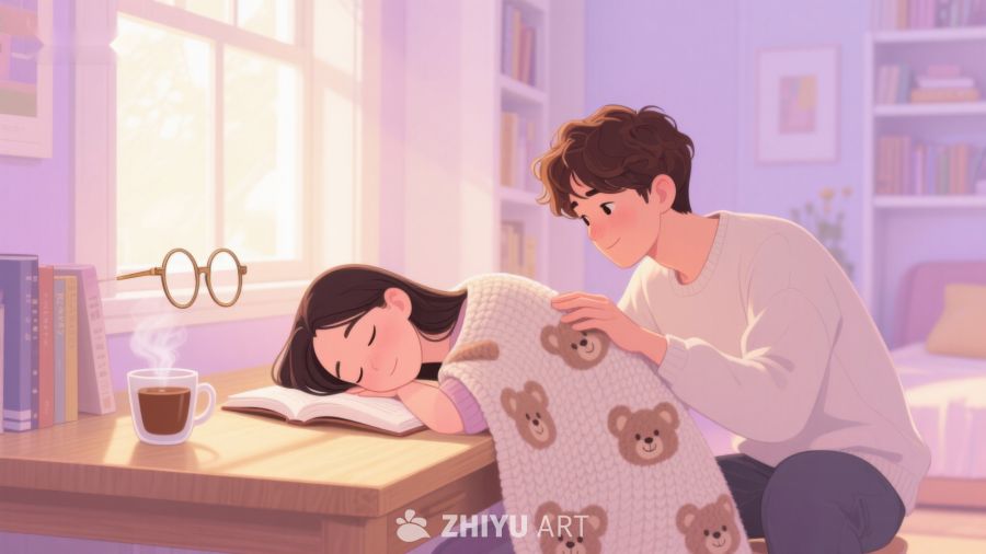 温馨书房中，男子轻抚熟睡女子 460
