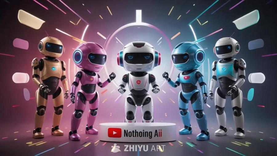 五个机器人站在一个带有YouTube标志的白色平台