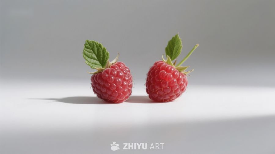 两颗新鲜覆盆子静置白色背景