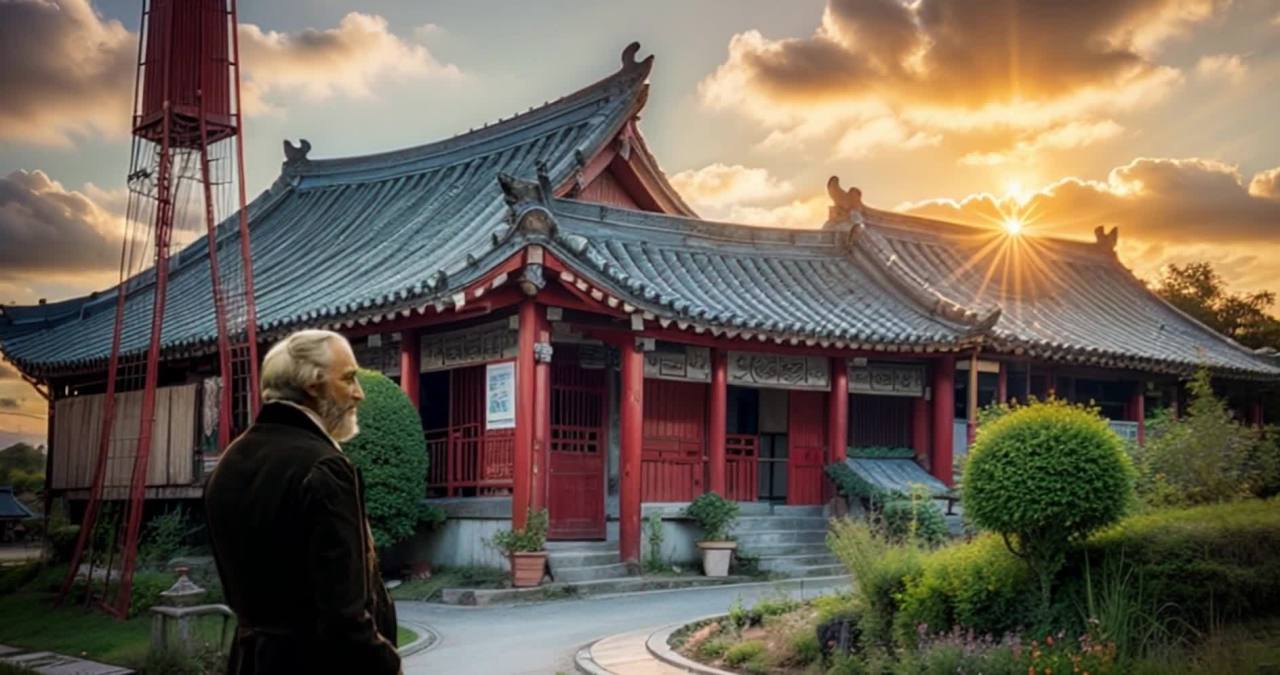 老人凝望中式建筑，夕阳映照下的宁静景象