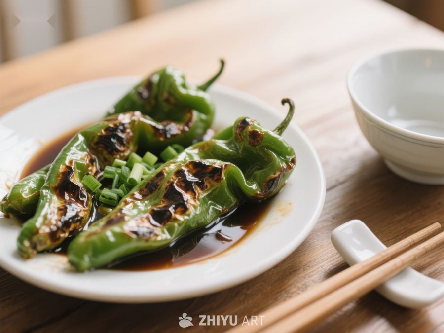 烤青椒配酱油，日式料理 437