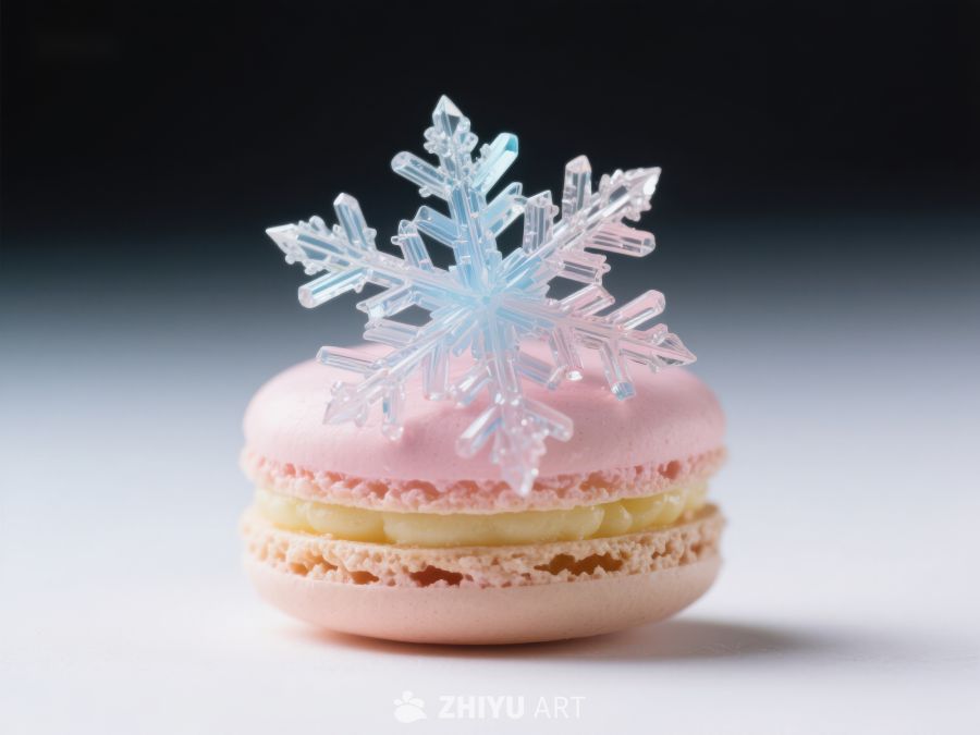粉色马卡龙上的蓝色雪花装饰