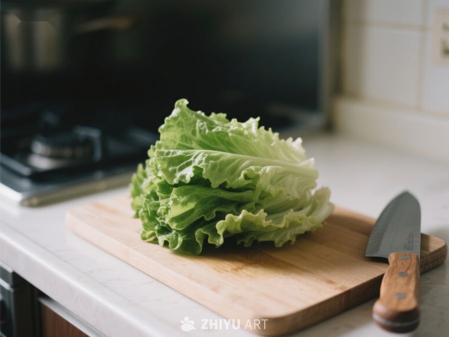 生菜置于砧板之上，厨房一角 329