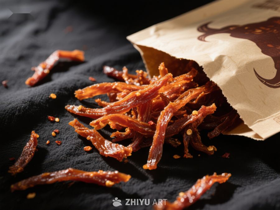 辣味牛肉干散落包装袋旁 765