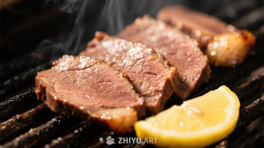 烤牛肉片与柠檬在烧烤架上